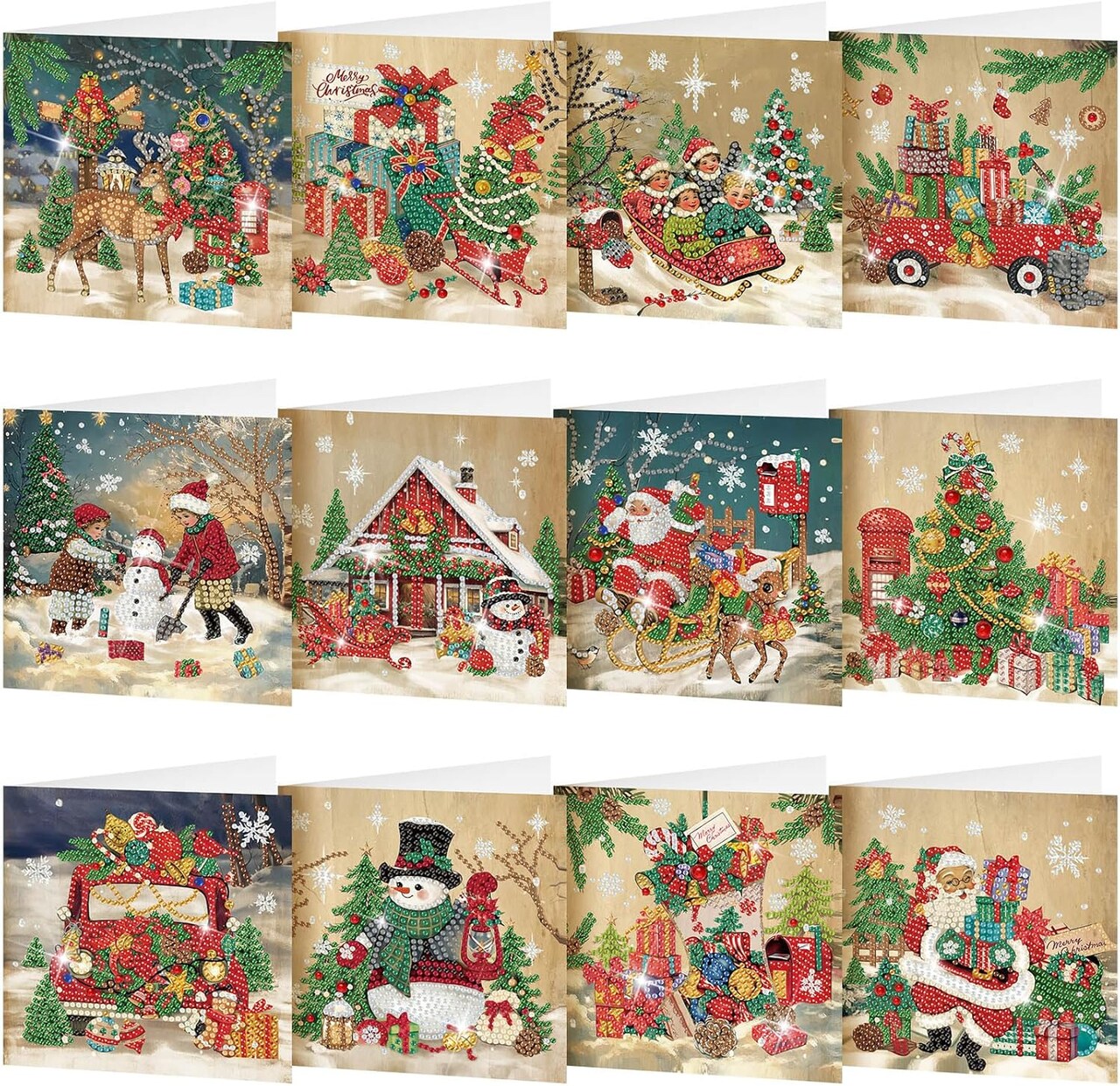 12 Pack Vintage Christmas Diamond Painting Greeting Card Kits – DIY Retro 5D Rhinestone Christmas Cards with Envelopes for Adults, Handmade Xmas Gifts for Family & Friends